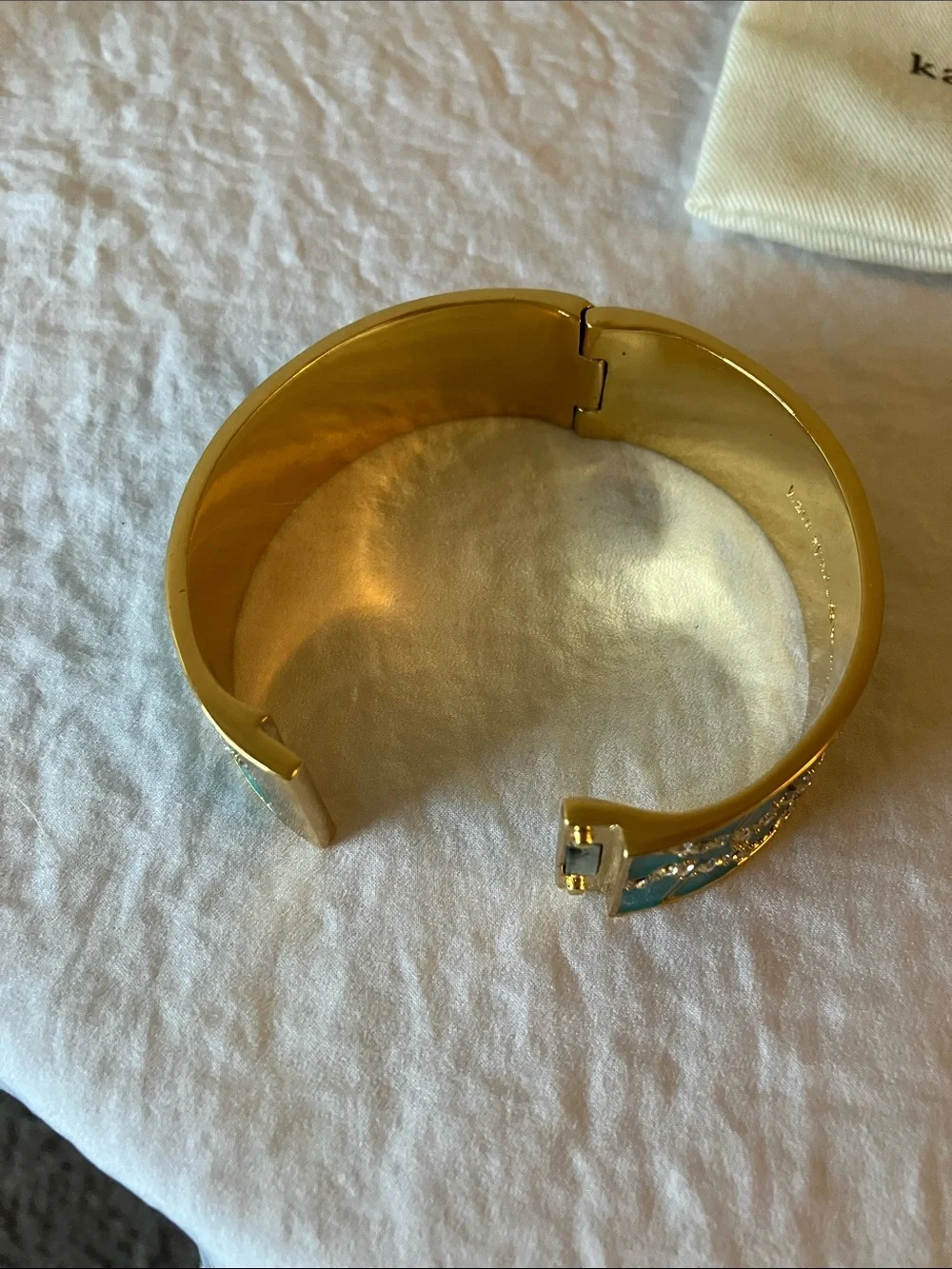 kate spade: Turquoise Enamel & Gold Tone Crystal-Accent Bangle- Hinge- Dust Bag